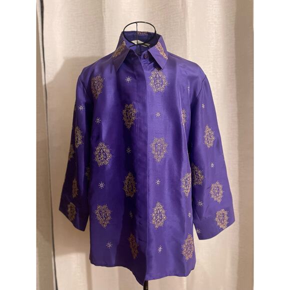 Preston and York Embroidered Silk Blouse Shirt Purple Size L - Picture 1 of 7